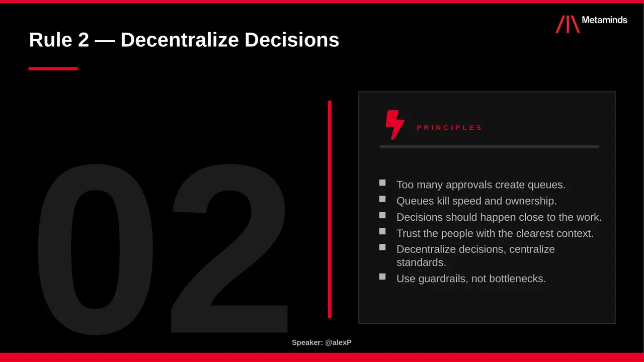 Keynote slide: Rule 2 — Decentralize decisions