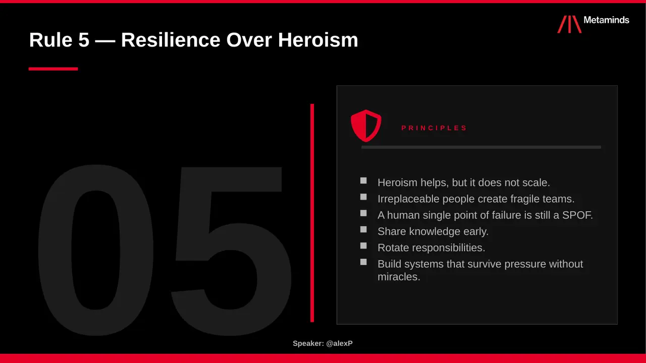 Keynote slide: Rule 5 — Resilience over heroism