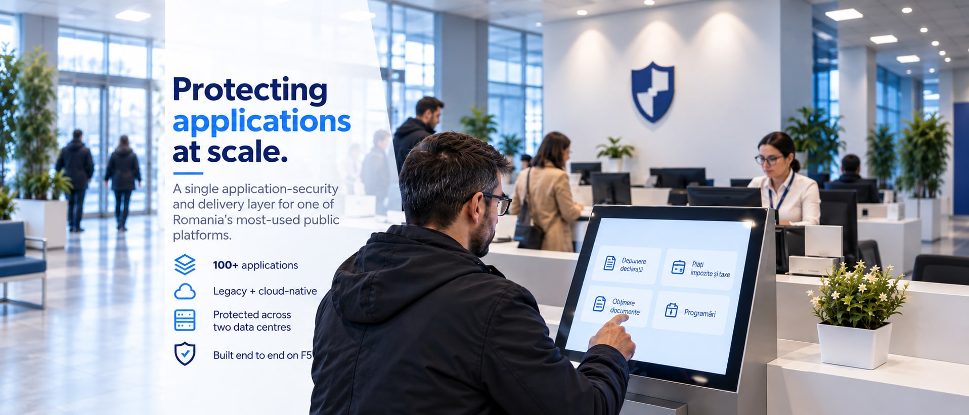 ANAF application security and delivery hero with public servants, digital services and data center infrastructure