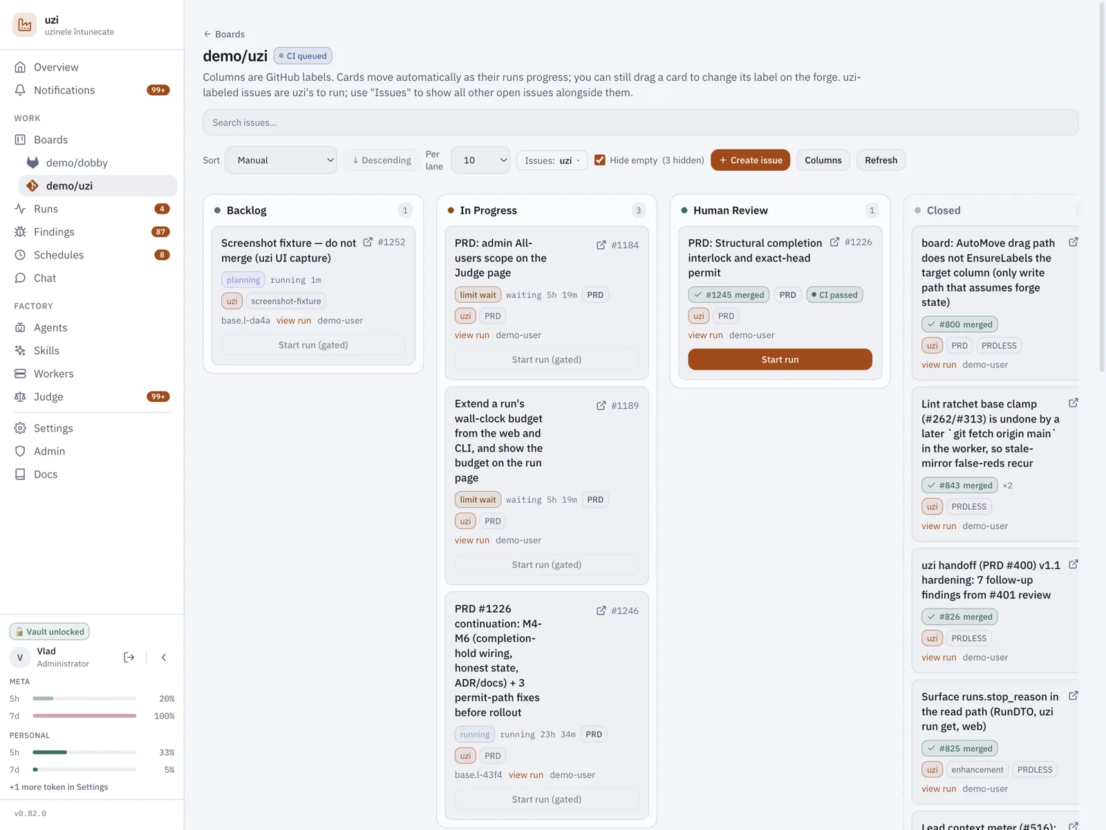 The uzi board: labeled issues as cards moving across columns synced to forge labels