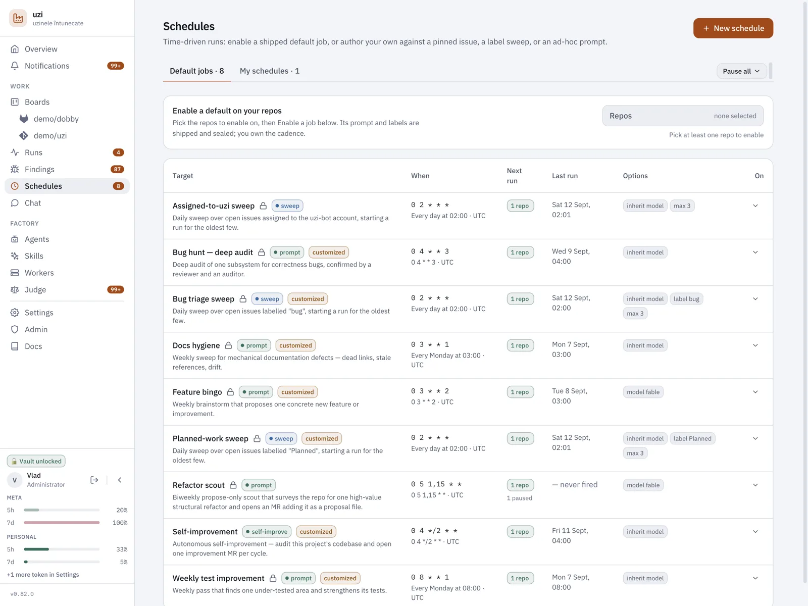 The schedules page, showing the standing automations including feature bingo