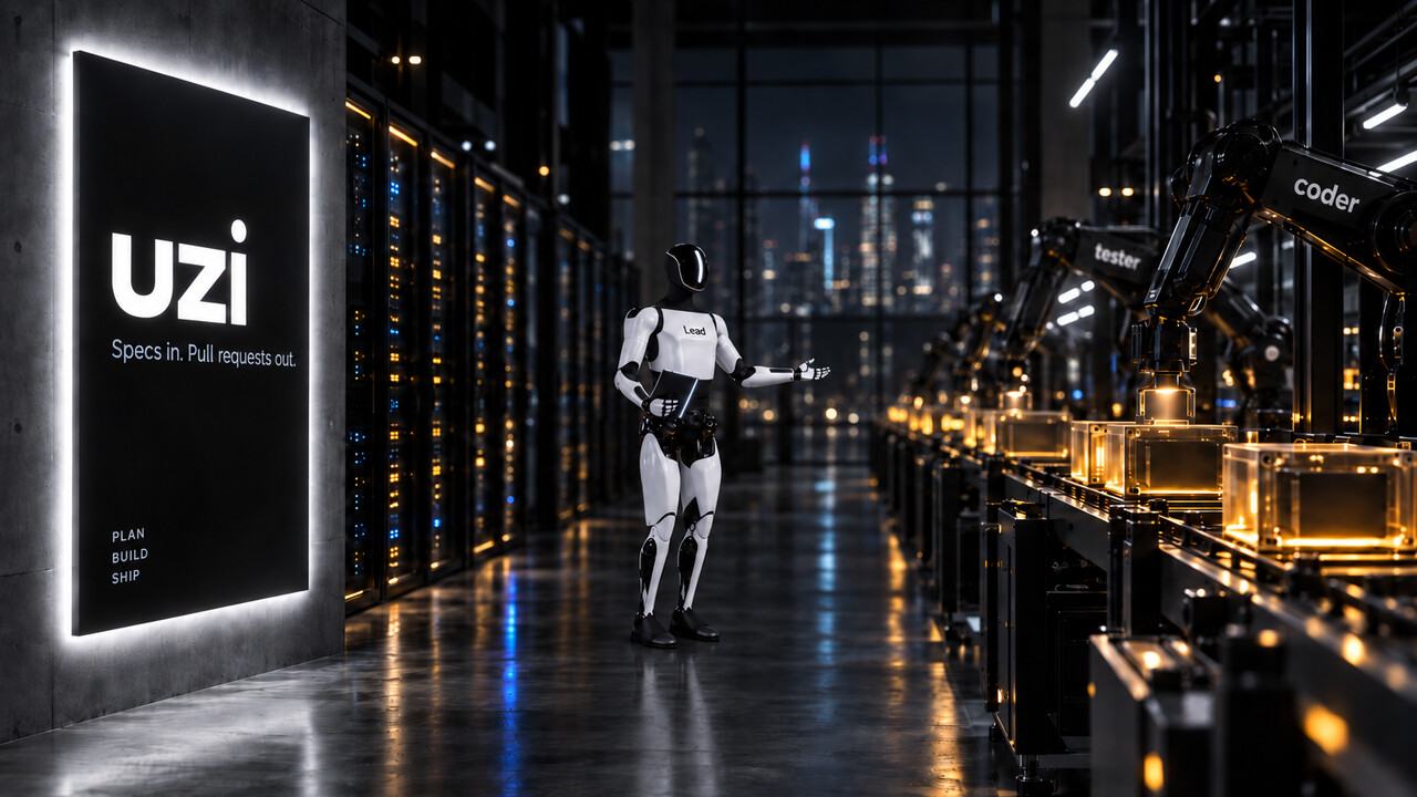 A dark factory corridor: a backlit ‘uzi — Specs in. Pull requests out. / Plan · Build · Ship’ sign, a white humanoid robot labelled ‘Lead’ overseeing the floor, and a conveyor of robotic arms labelled ‘coder’ and ‘tester’ assembling glowing amber code crates past a night skyline
