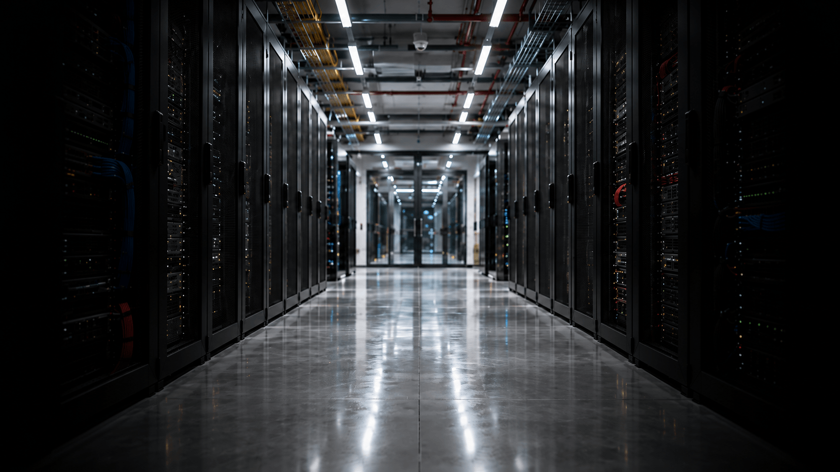 A data-centre server aisle receding to a bright doorway, rendered as a coral-red duotone