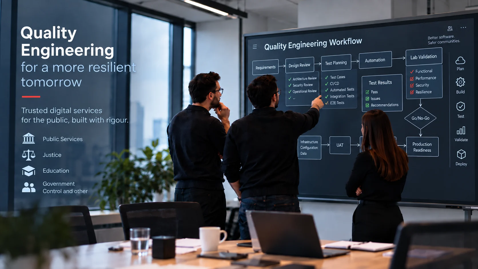 Three Metaminds colleagues at a meeting-room screen showing a Quality Engineering workflow — requirements, design review, test planning, automation and lab validation feeding a go/no-go decision and production readiness — beside the line “Quality Engineering for a more resilient tomorrow: trusted digital services for the public, built with rigour” and the sectors served: public services, justice, education and government control.
